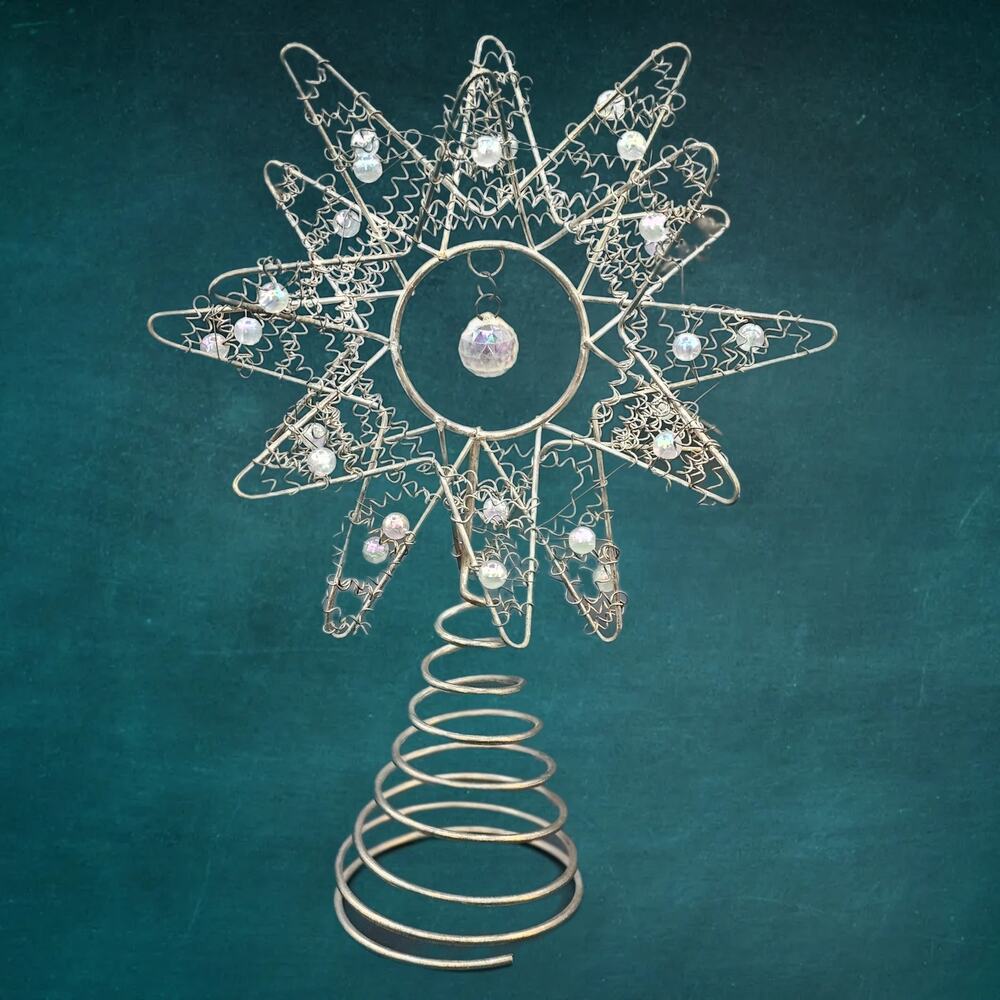 Vintage Iridescent Beaded Wire Star Tree Topper Christmas Star Holiday Decor